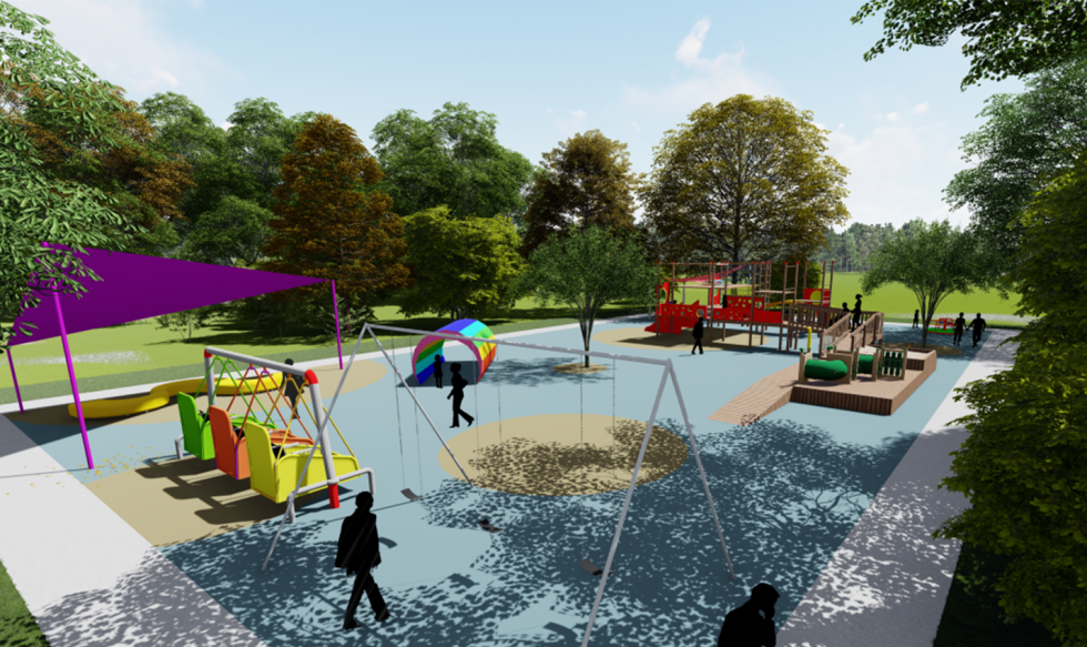 digital rendering of playground view with trees in background