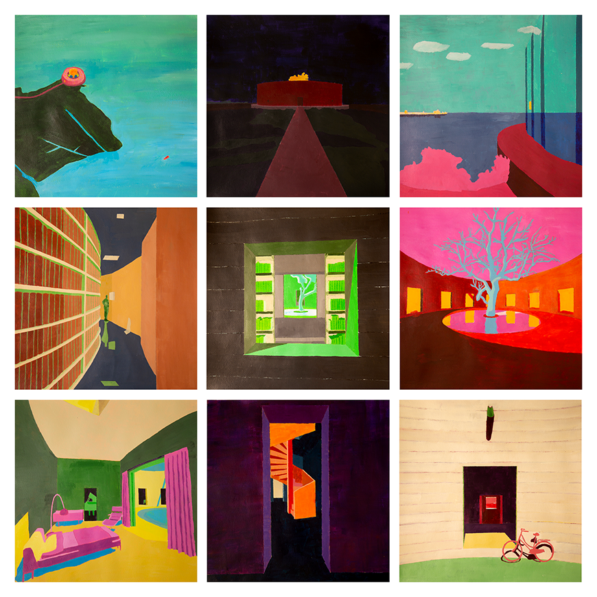 A series of nine colorful and abstracted paintings of buildings. 