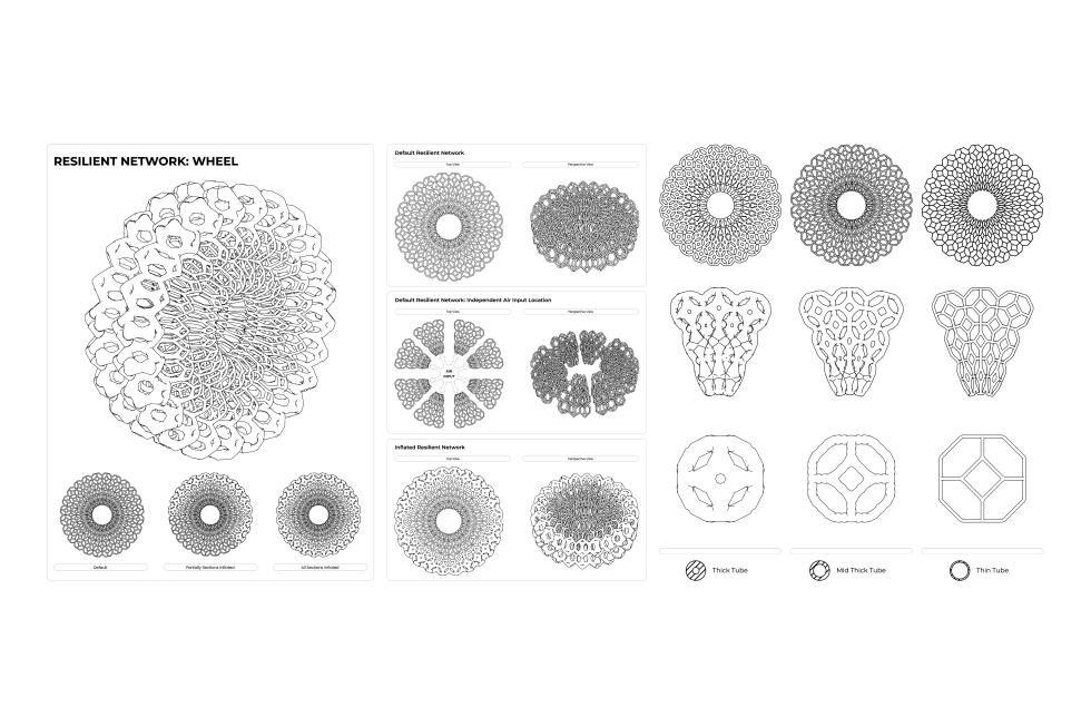 A grid showcasing diferent wheel designs made of a porous structure.