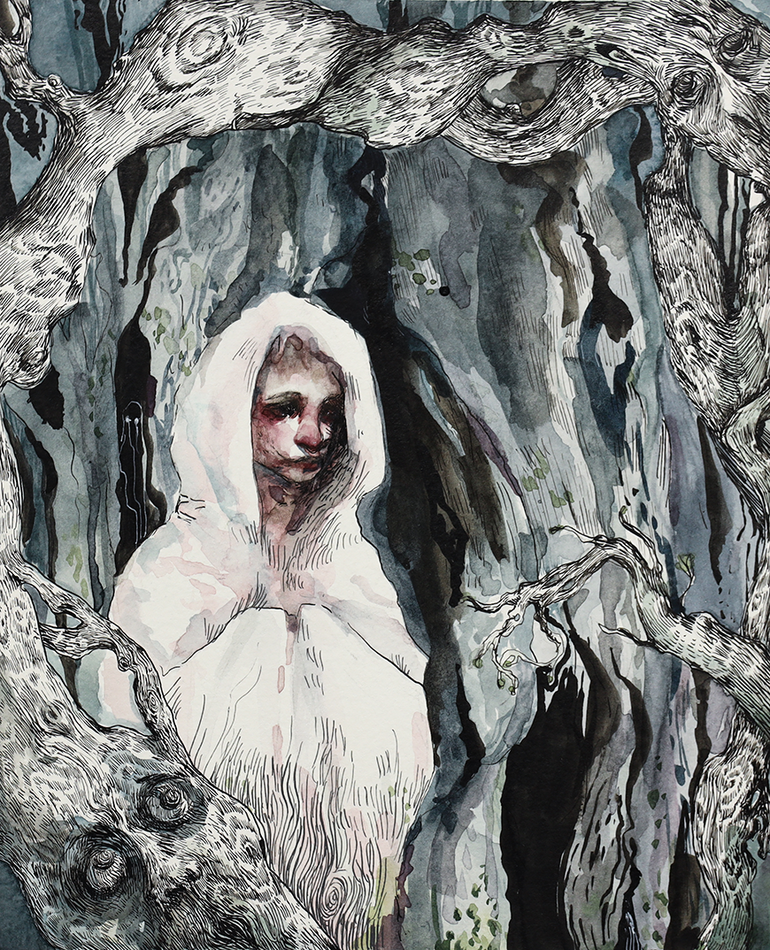 A person wrapped in a white cloak stands facing to the right, holding their hands close to their chest in the middle of a forest, with an expression devout of joy. 