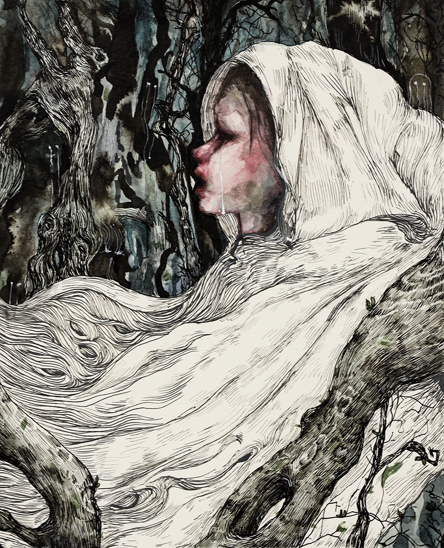 A child wrapped in a hooded white cloak faces to the left. They have a tear running down their cheek and their face is pink and flushed. They are sitting in the midst of a dark forest with trees in front of them and behind them. 