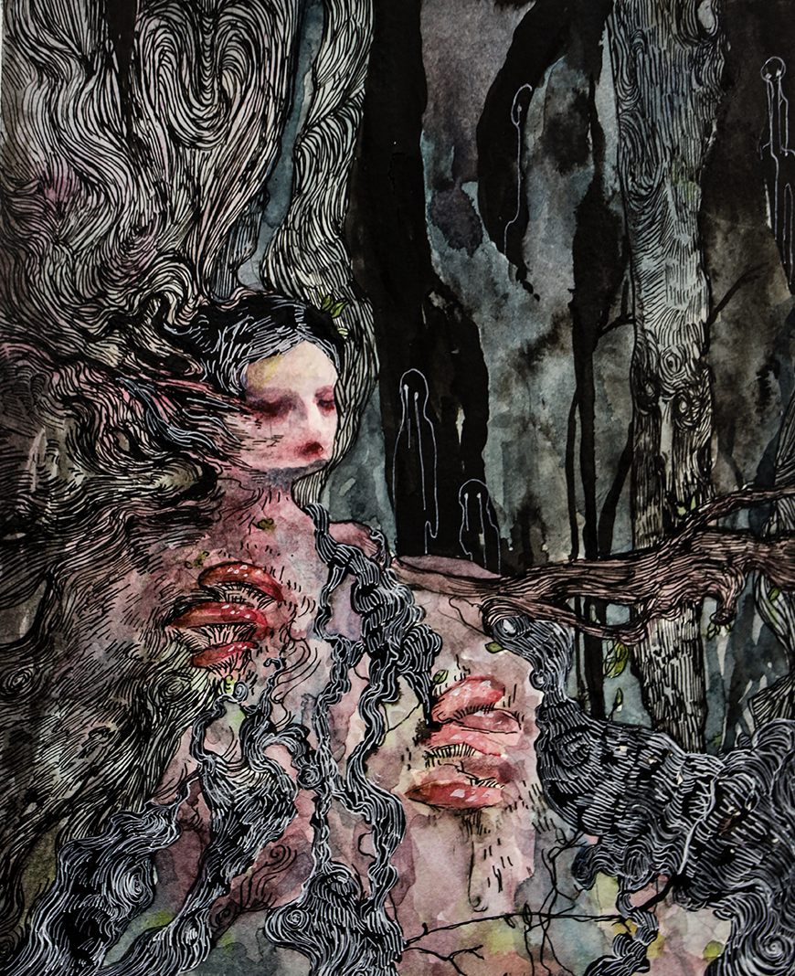 An illustration of a humanoid tree. There are red mushrooms with white dots growing out of a tree on the left side of the screen. Above the mushrooms is an abstract human face with hair, closed eyes, a nose, and no mouth that blends into the bark of the tree. There are black ghosts in the background of this image. 