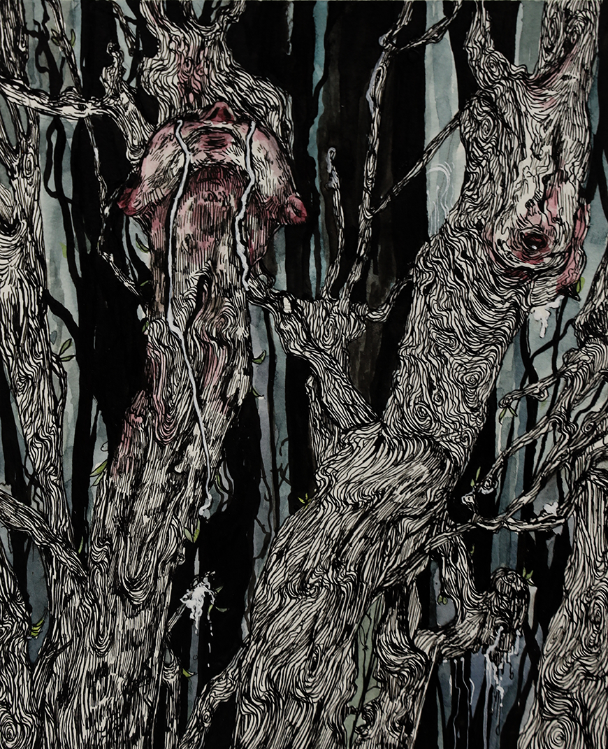 An abstract image of a humanoid tree. Emerging from the top of a tree branch is the face of a bearded human looking up at the sky, with tears streaming down their face. The neck of the human blends into the trunk of the tree. 