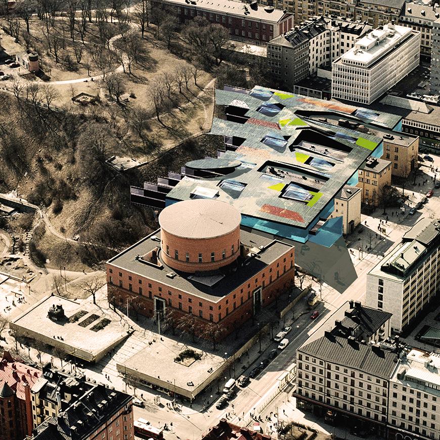 a rendering of a building in Stockholm with a wavy multi-colored roof