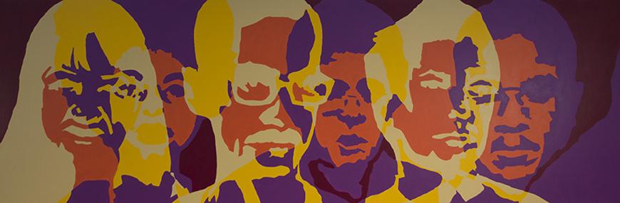 Pop art print of six overlapping masculine faces (some with facial hair) in yellow, orange, purple, cream, and brown paint.