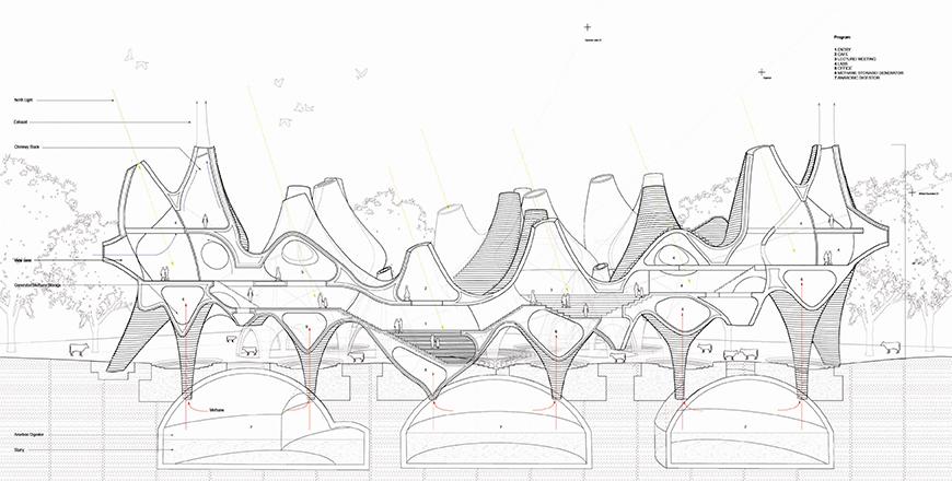 Section of building showing underground air flow and people using the space. 