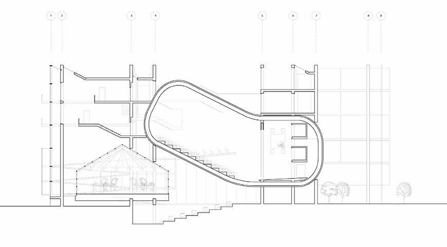 Section showing housing, theater and carousel. 