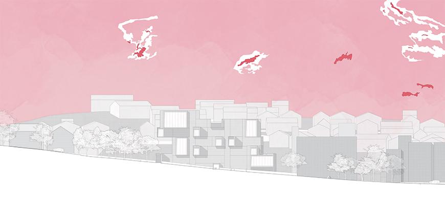 Building drawn in grey with big white windows sits on a slope with a pink sky. 