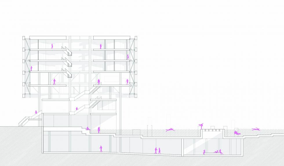 Section of building showing pool and underground. People shown in pink.