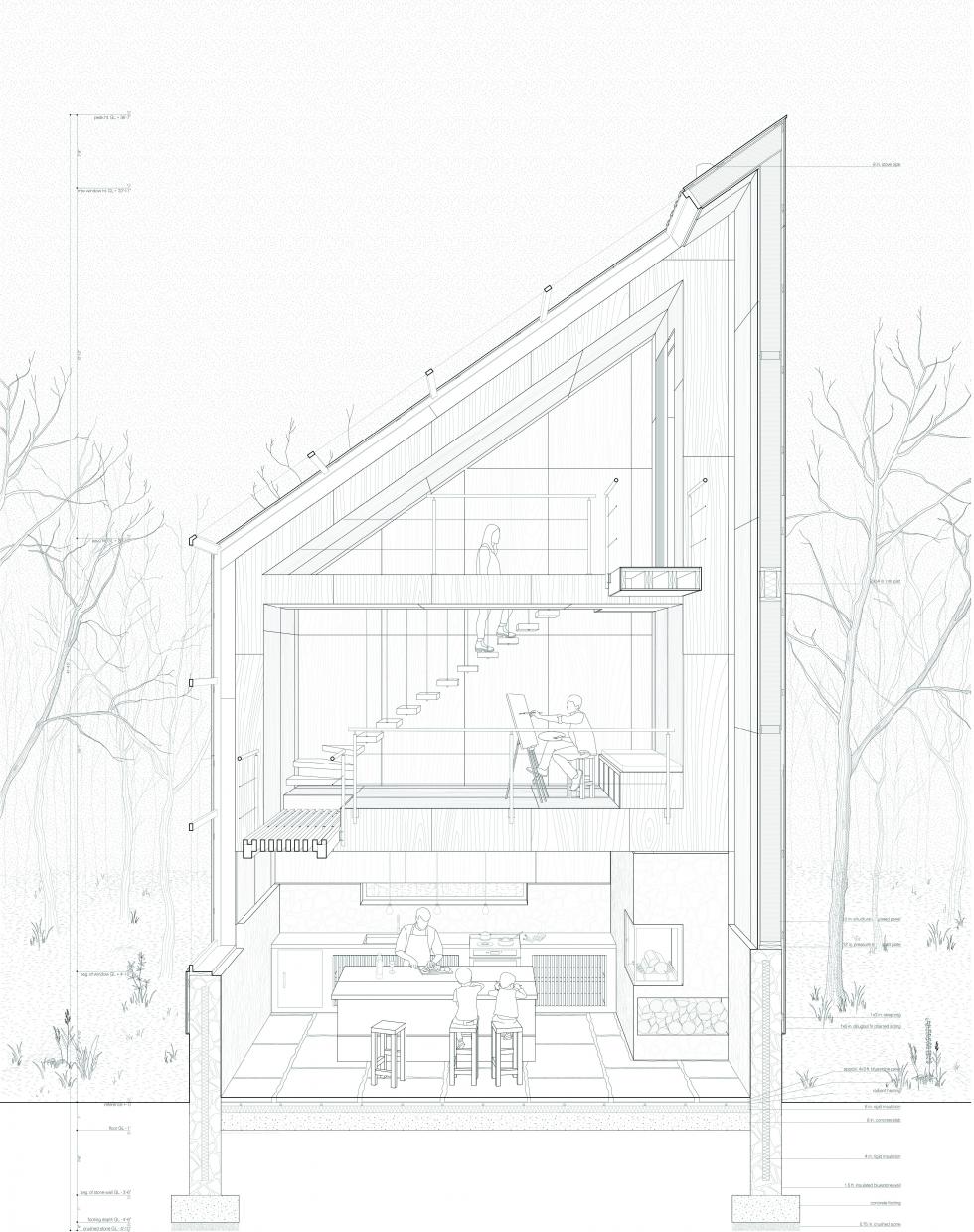 Section perspective view of house with pitch roof and people doing daily activities.