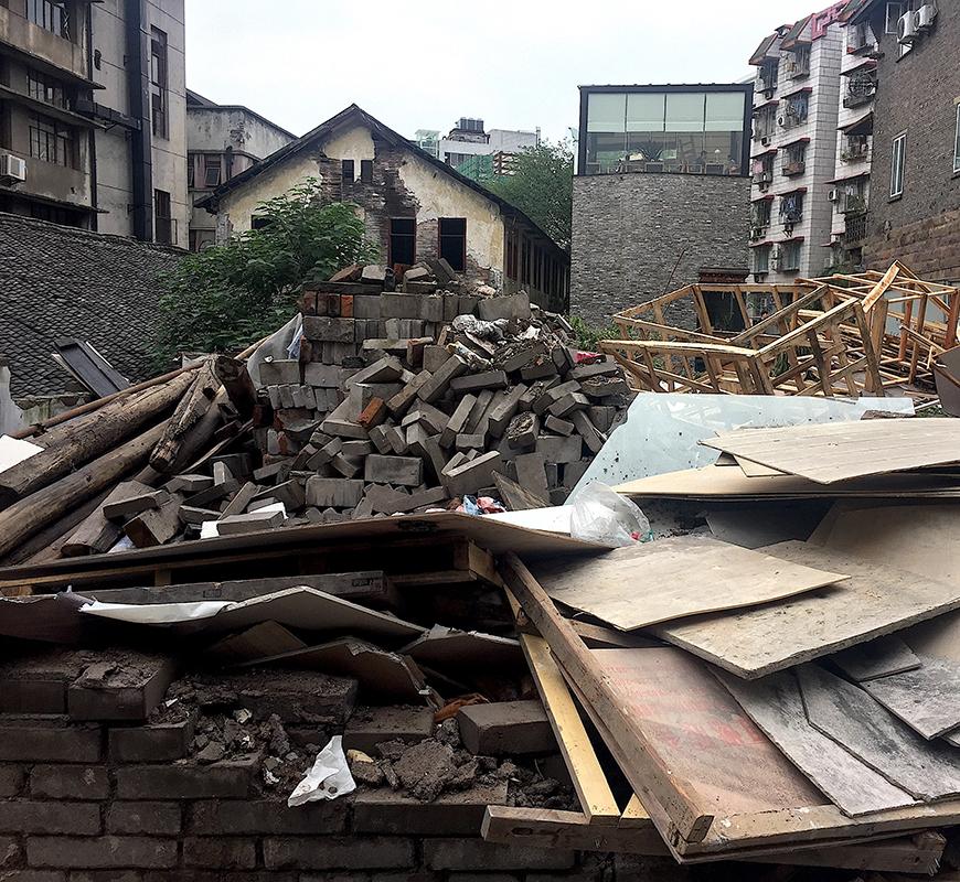 wreckage of a demolished building