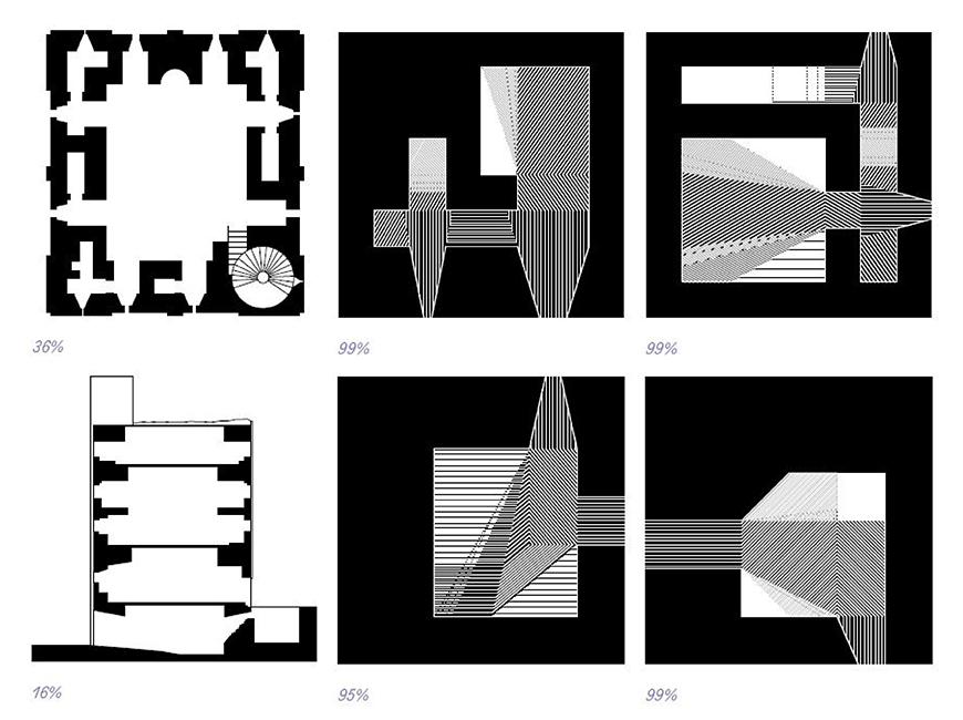 A plan of a castle and a section of a building abstracted into black and while geometric shapes.