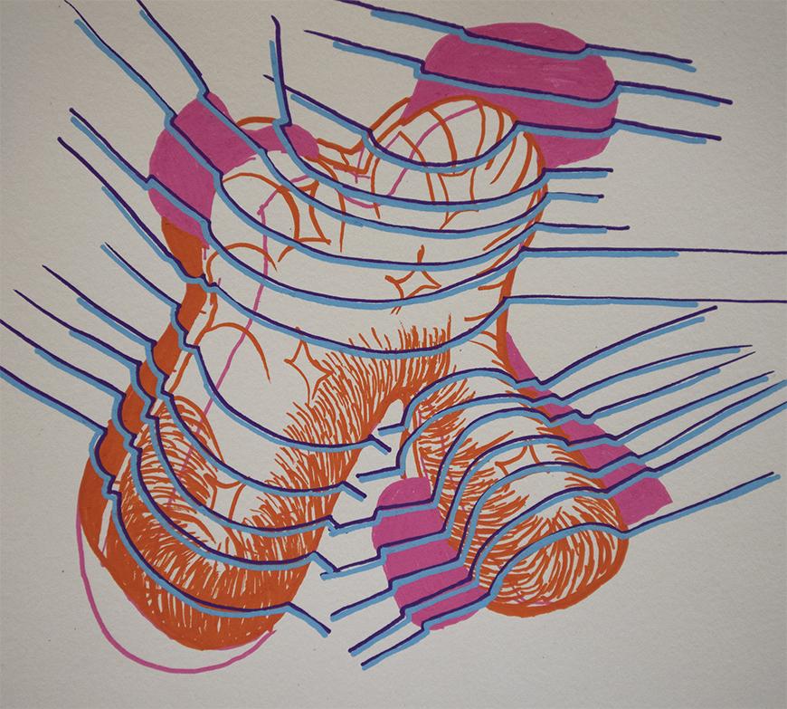 Painting of an abstract orange shape with a pink background with blue parallel lines curving around it.