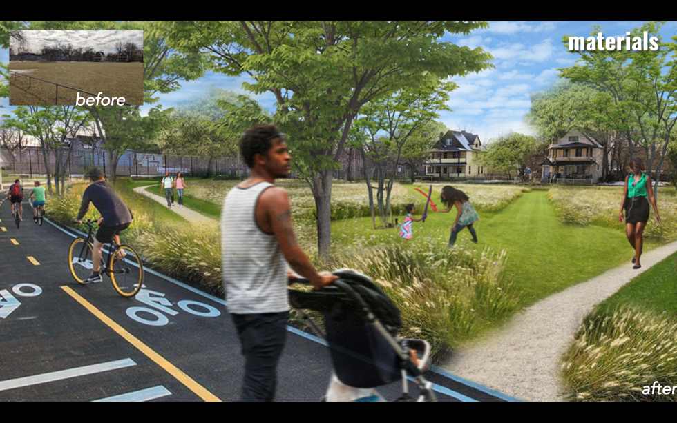 Colorful rendering of a community space with a street with a dad and stroller, bicyclists and a walk way with a women walking and two kids playing in the grass with homes in the background