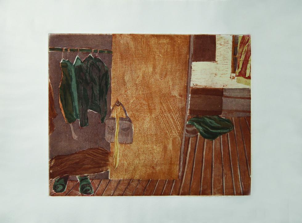 Red and brown tinged print of a room with clothes hanging in a closet with wooden floors.