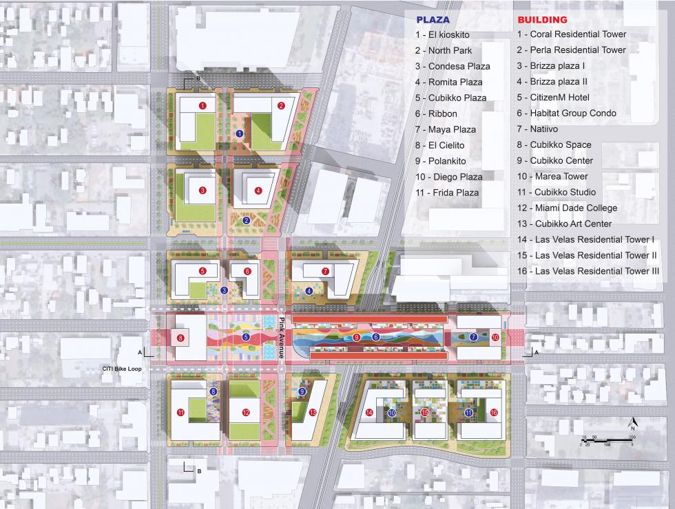 Drawing of aerial of buildings with colorful streets in the middle