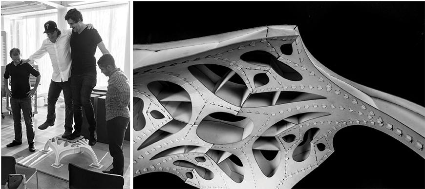 On left, picture of professors standing on vault showcasing its strength. On right, detail model of vault structure.