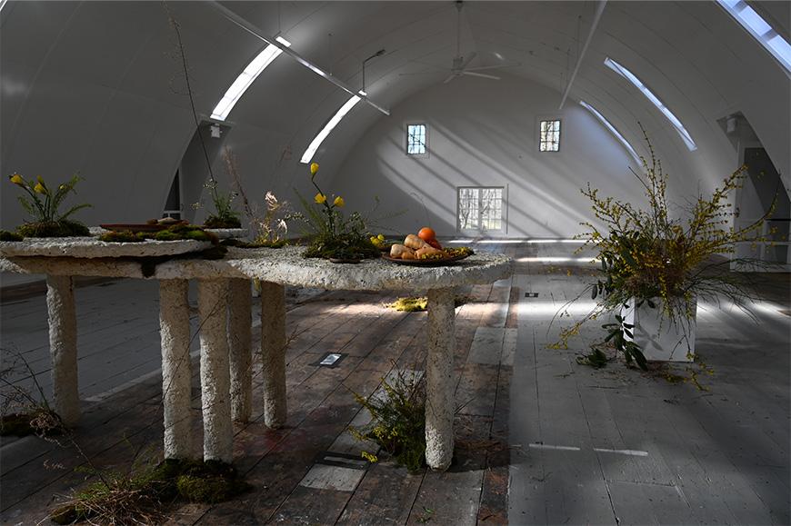 A hempcrete table in a domed room. The table has a variety of items on top of it.