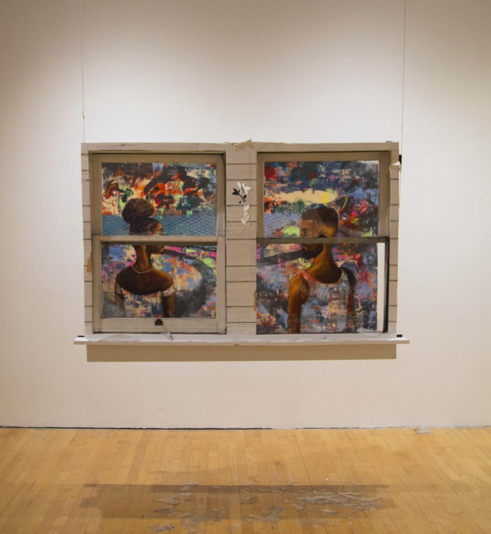 Window frame hanging in front of two paintings so each painting is in a frame, woman on left, man on right, with broken glass below window frame.