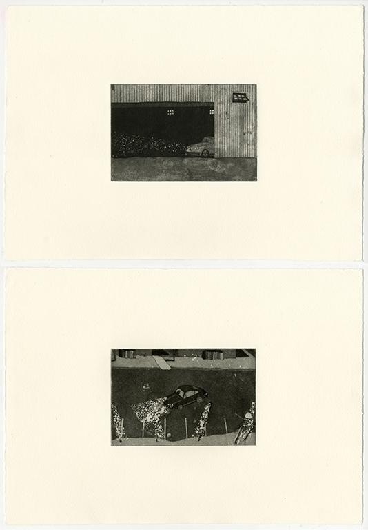Two black and white prints of cars coming out of a garage and a car in a parking lot.