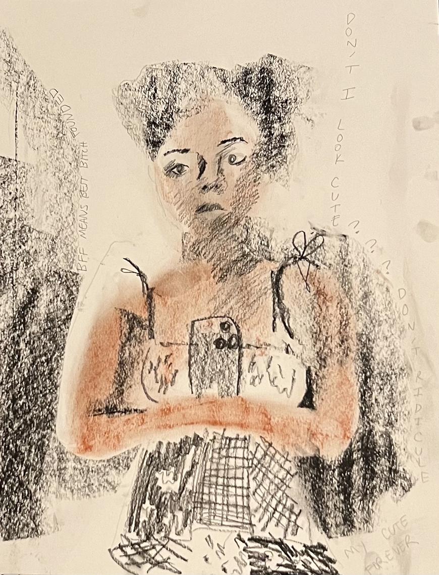 A charcoal drawing of a woman with Afro-textured hair pulled up into two buns, taking a selfie in the mirror. In the background are the words 