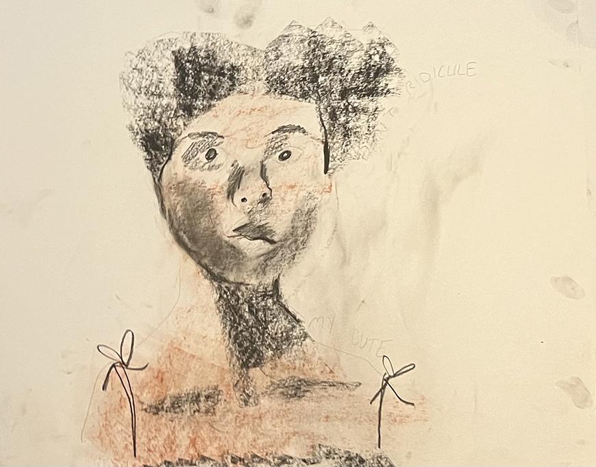 A charcoal drawing of a woman with Afro-textured hair pulled up into two buns, wearing a shirt with bow details at the shoulders.