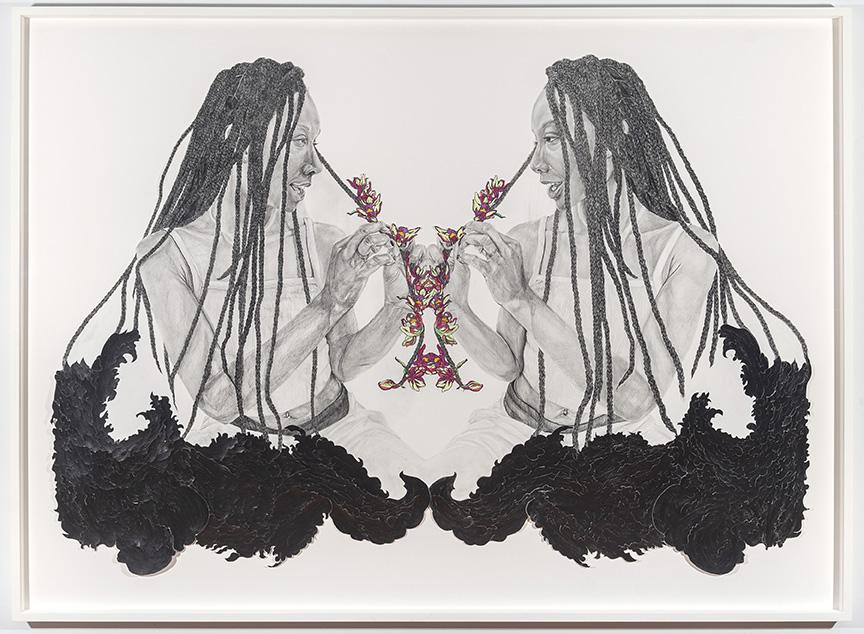 Drawing of two people with long multi-braided hair attaching flowers to mirrored strands.