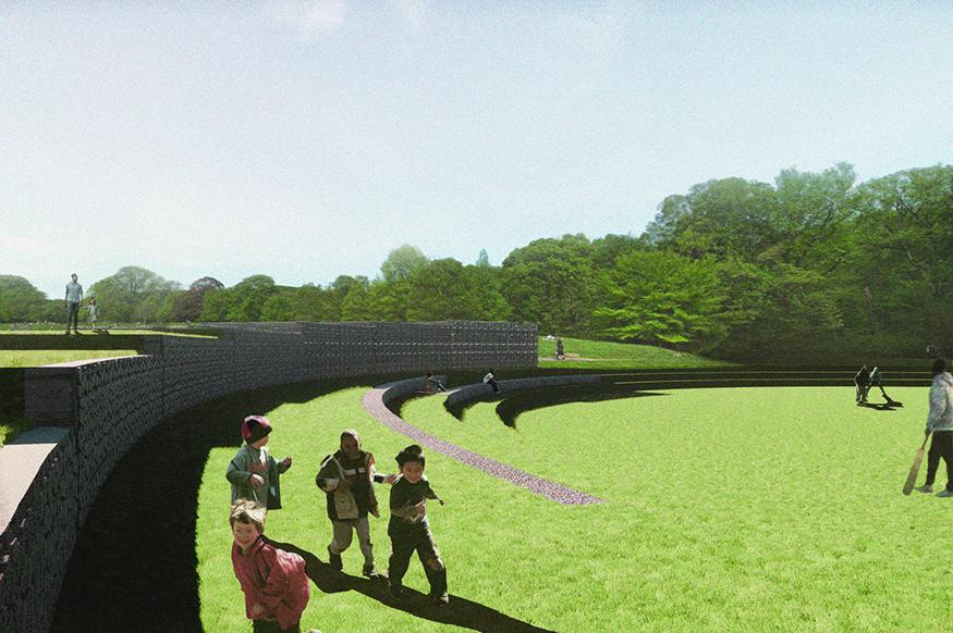 Digital rendering of a public, outdoor structure. Children are running in the images foreground.
