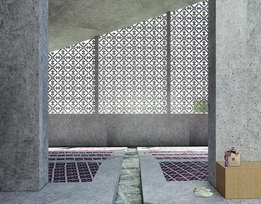 Digital rendering of an architectural structures interior.