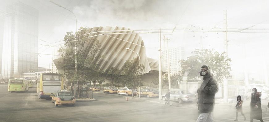 Environmental rendering of street scene with traffic and pedestrians around large roundish building structure. 
