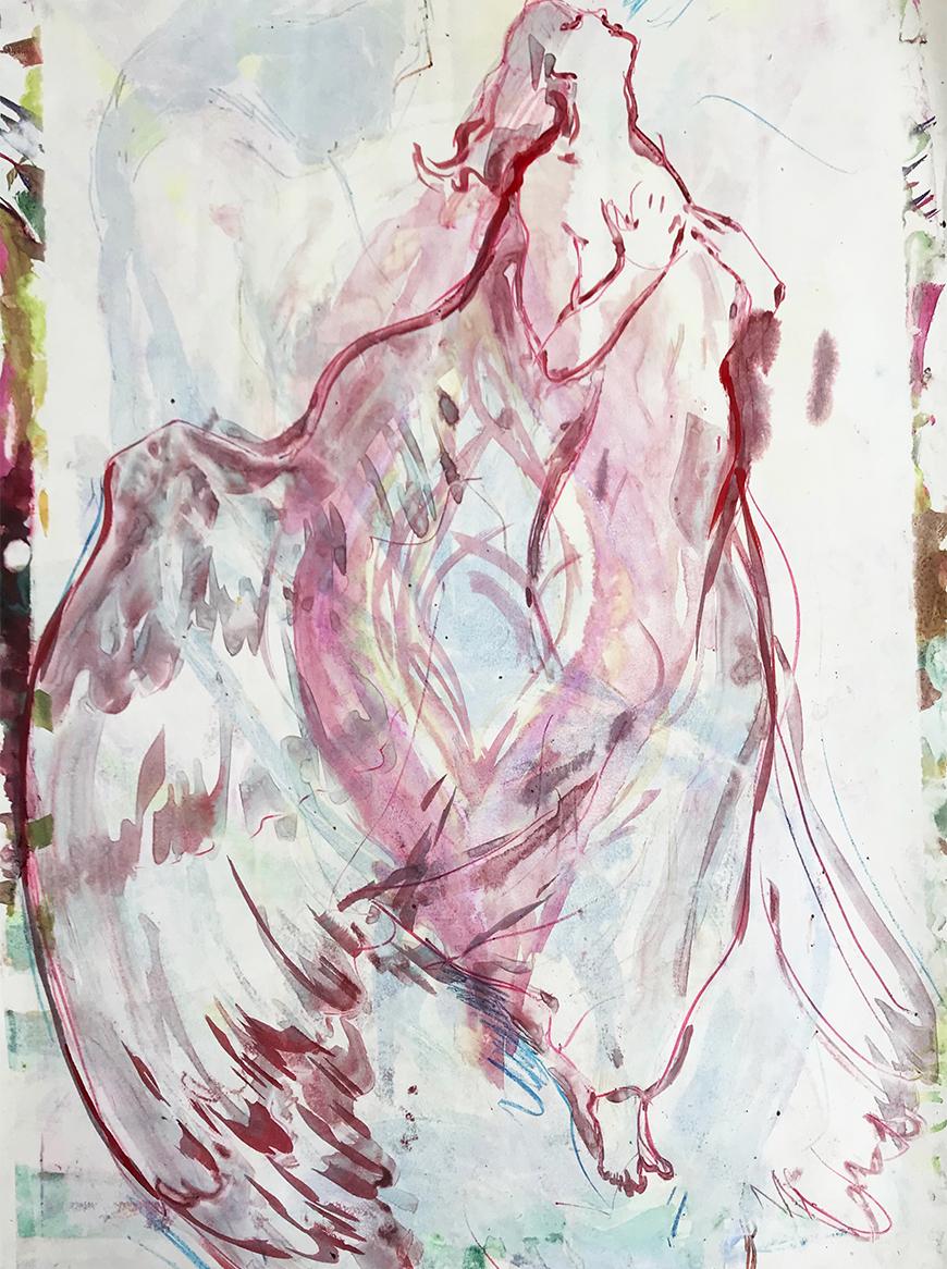 Print of an angel with large wings in a maroon outline against a faded watercolor background.