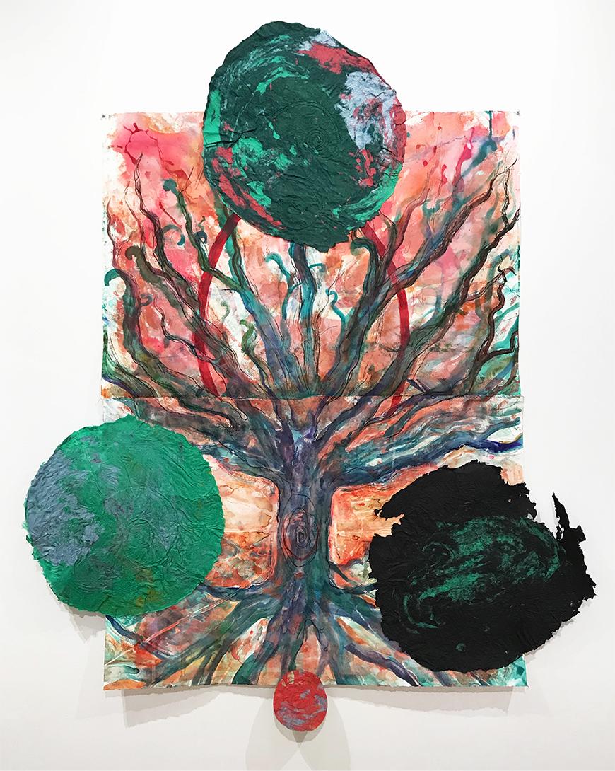 Print of a tree with blue, purple, green roots against a faded red, and orange background with 3 green painted paper circles and one small red circle.