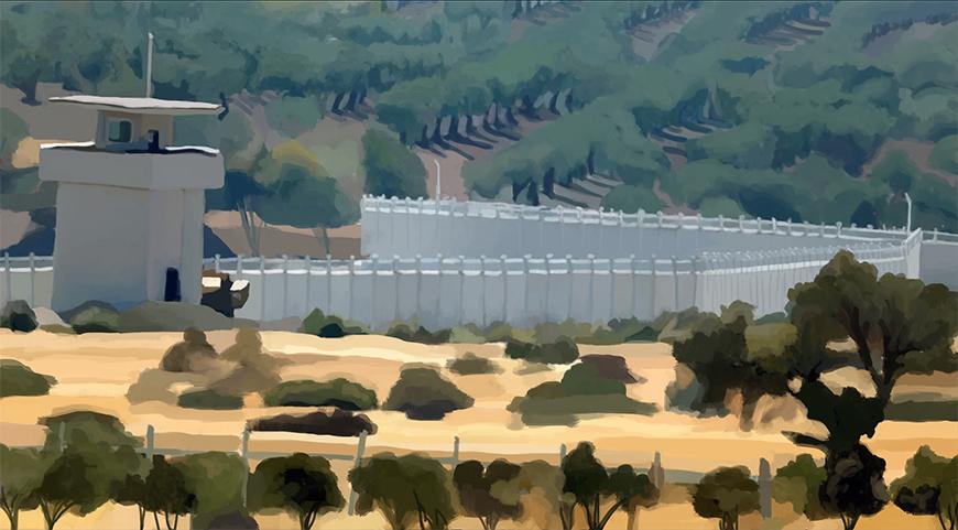 Painting of a large grey fence with a large grey lookout tower set against trees and tan ground.