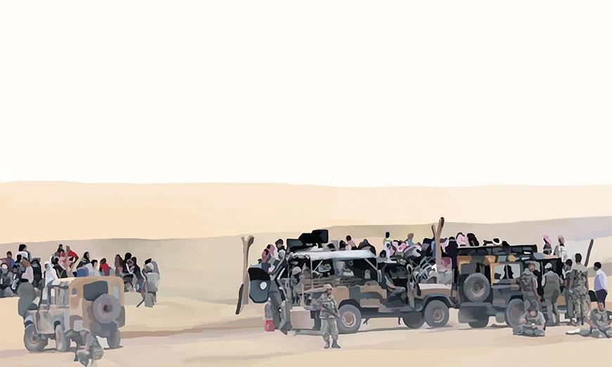 Painting of three army jeeps in camouflage tan and green set in a desert with civilians in the background and soldiers in the forefront.
