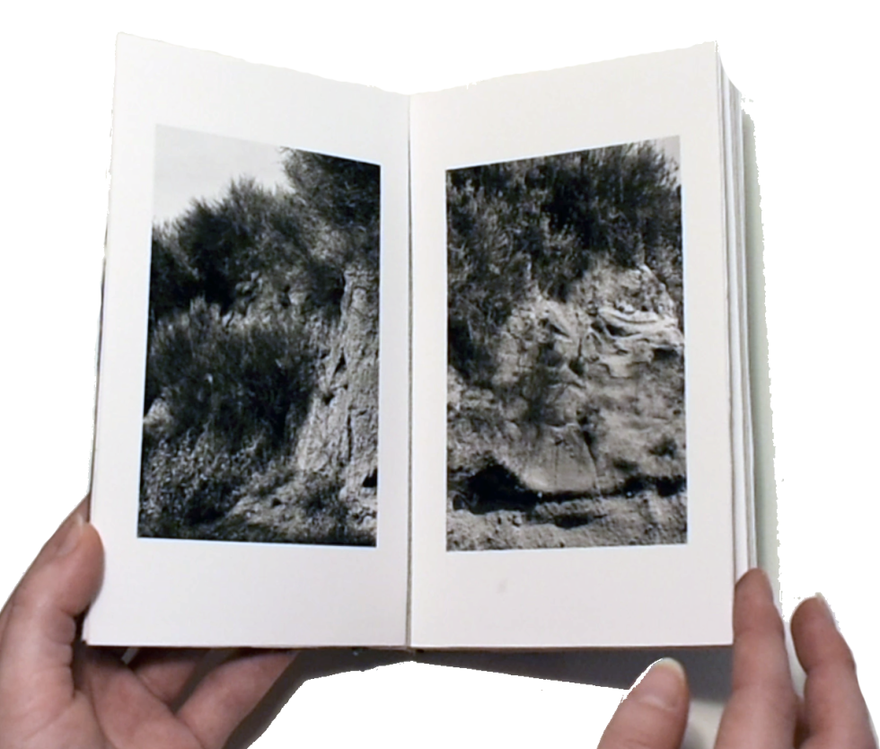 Light skinned hands holding a handmade book open. The off-white pages have images of rocky landscapes printed in black ink, with thick margins.