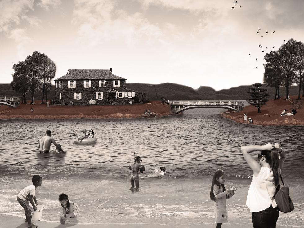 graphic rendering of proposed beach with house and hills in background