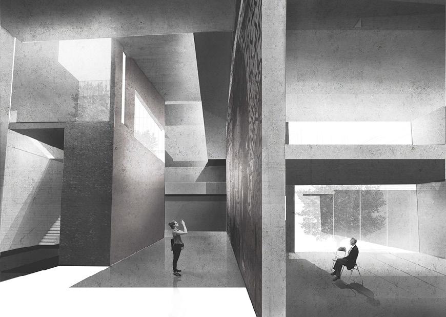 Rendering of building interior with two figures, one on either side of a wall. 