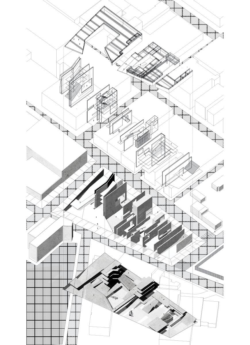 Drawing study of structure on site from wireframe, to solid forms, to proposed final exterior. 