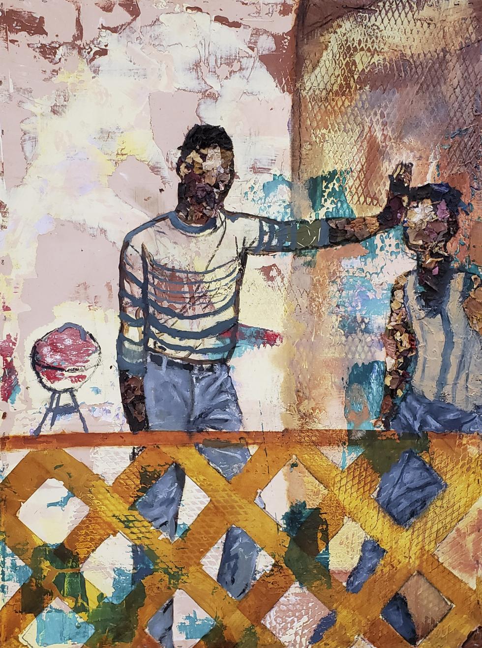 Painting of two people with short hair outside looking at each other roughly painted with different colors.