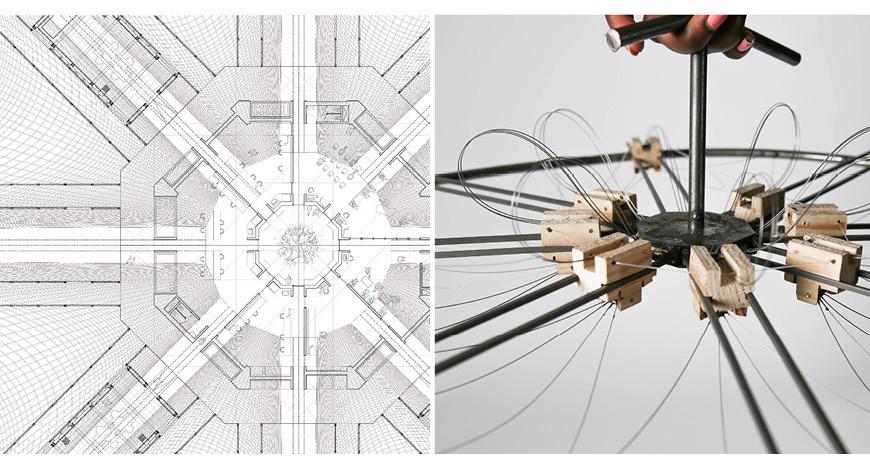 Circular plan drawing and spinnable wire and wood study model.