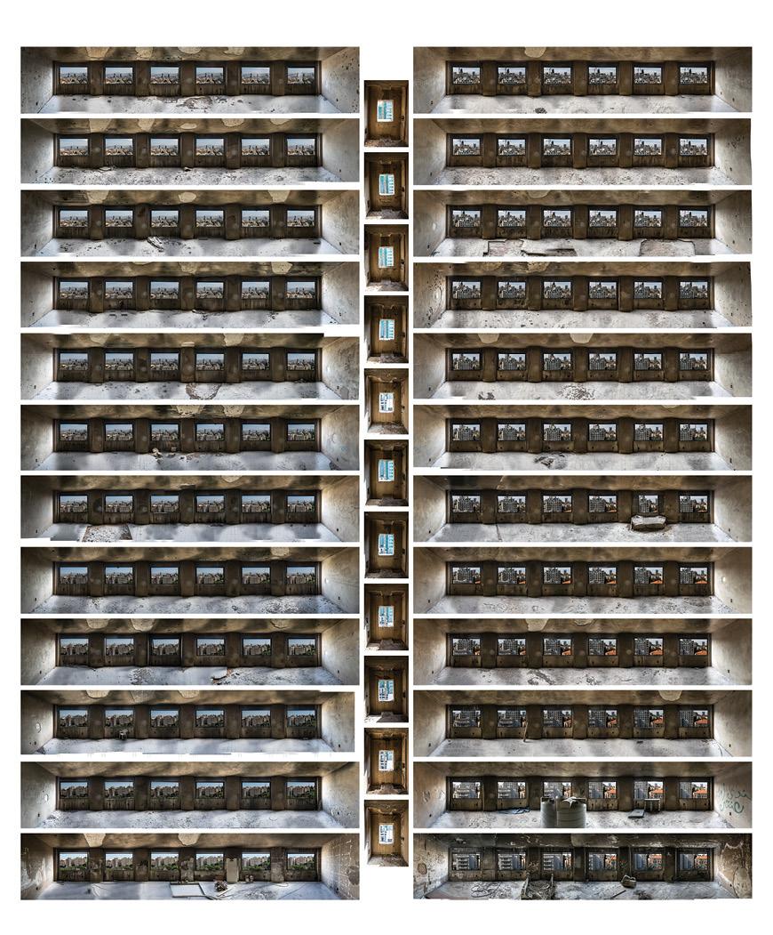 composite of stitched photographic views from interior of the building 