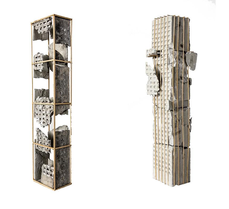 two vertical tower models made of rockite and basswood