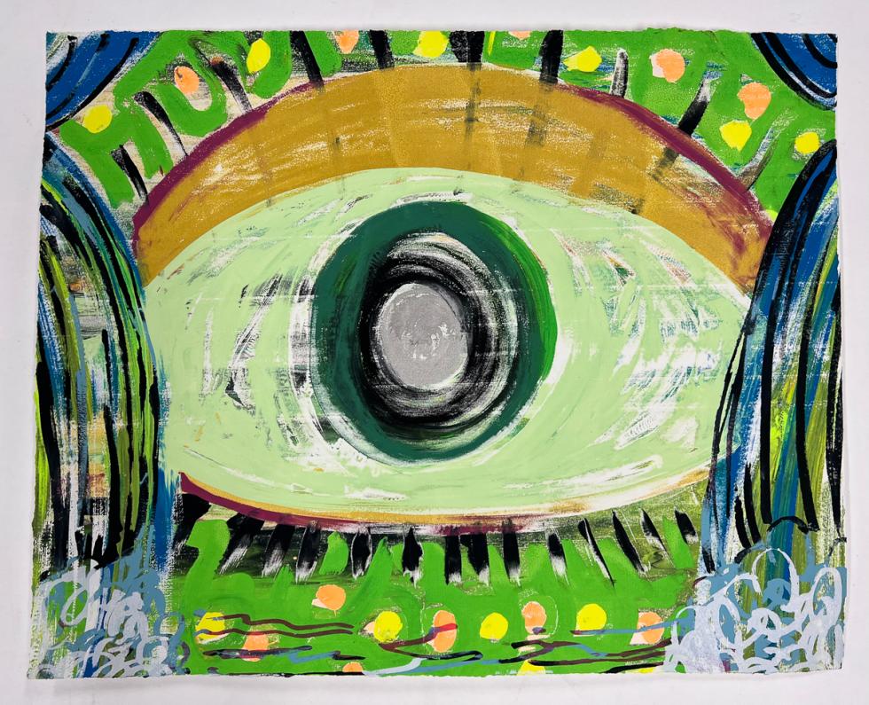 A silkscreen print of a green eyeball with waterfalls on either side, framing the eye in the center of the print. 