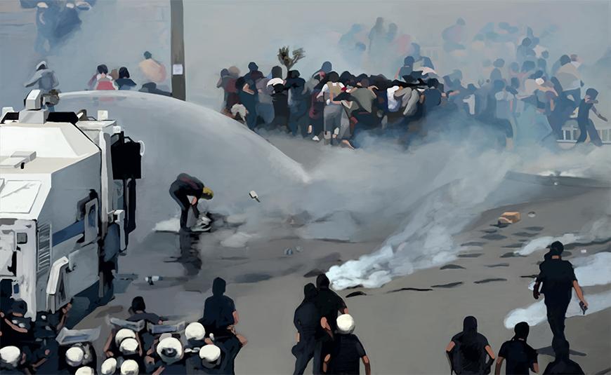 Painting of a crowd of protesters broken up by police using tear gas, set against a grey faded landscape.