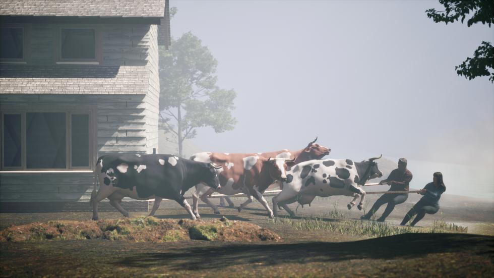 A 3D render of two people and a group of cattle pulling a house.