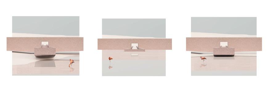 Three square renderings of a building with a flamingo. 