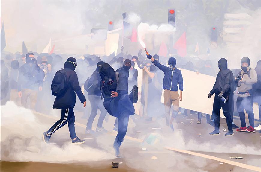 Painting of people with their faces covered protesting in a street with tear gas around them, one person attempting to kick a canister.