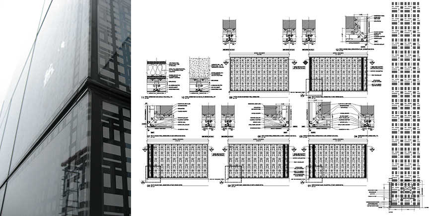 Photograph and digital rendering of a sleek glass facade. 