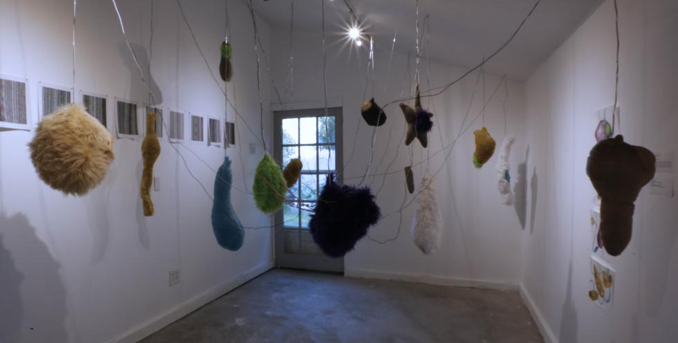 Approximately 15 different abstract sculptures made from various colors of fuzzy fabric hang by wire from the ceiling of a white-walled gallery with a concrete floor. There is an overhead light and a windowed door in the gallery. 