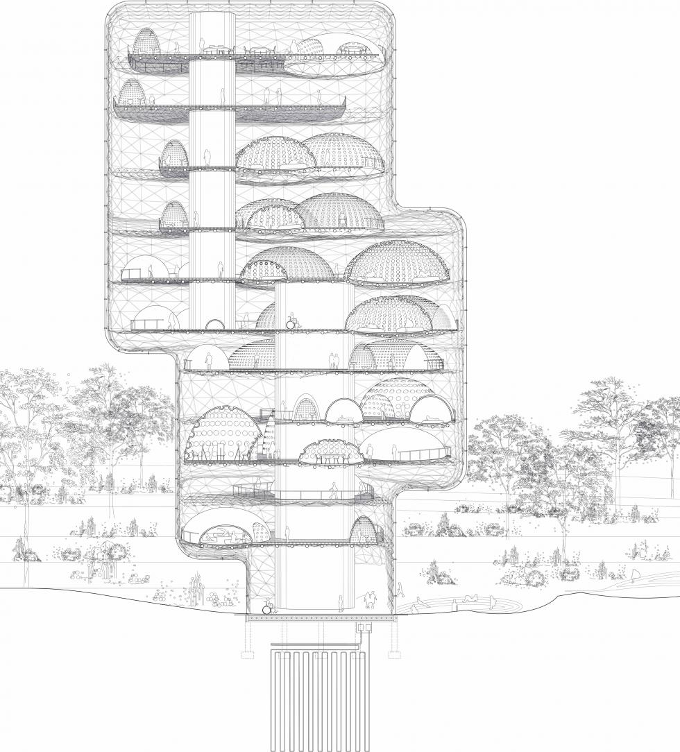 Digital rendering and cross section of an architectural structure. 